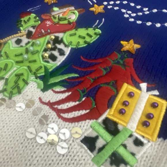 CRYSTAL KOBE WOMANS Sz S BLUE KNIT SWEATER CARDIGAN CHRISTMAS CACTUS - Picture 8 of 8
